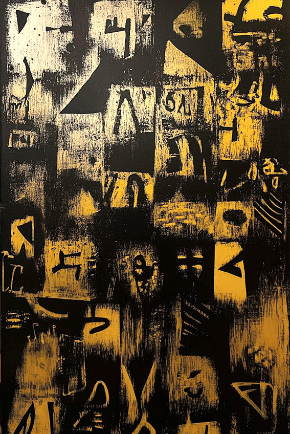 Abstract art with black and gold patterns on a textured background. Ashes of Language – abstract tribal glyph painting in black and golden yellow by African artist Amina Diallo