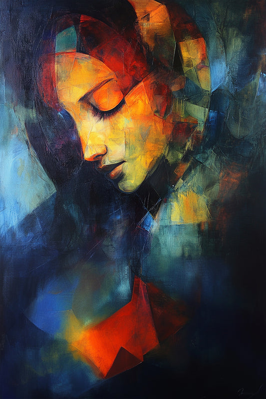 Beholder’s Bastion – abstract expressionist painting of a woman's face in vivid red, yellow, and deep blue hues, available on ArtixHub