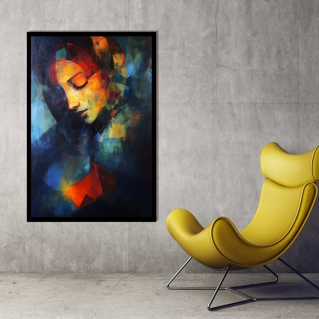 Beholder’s Bastion – abstract expressionist painting of a woman's face in vivid red, yellow, and deep blue hues, available on ArtixHub