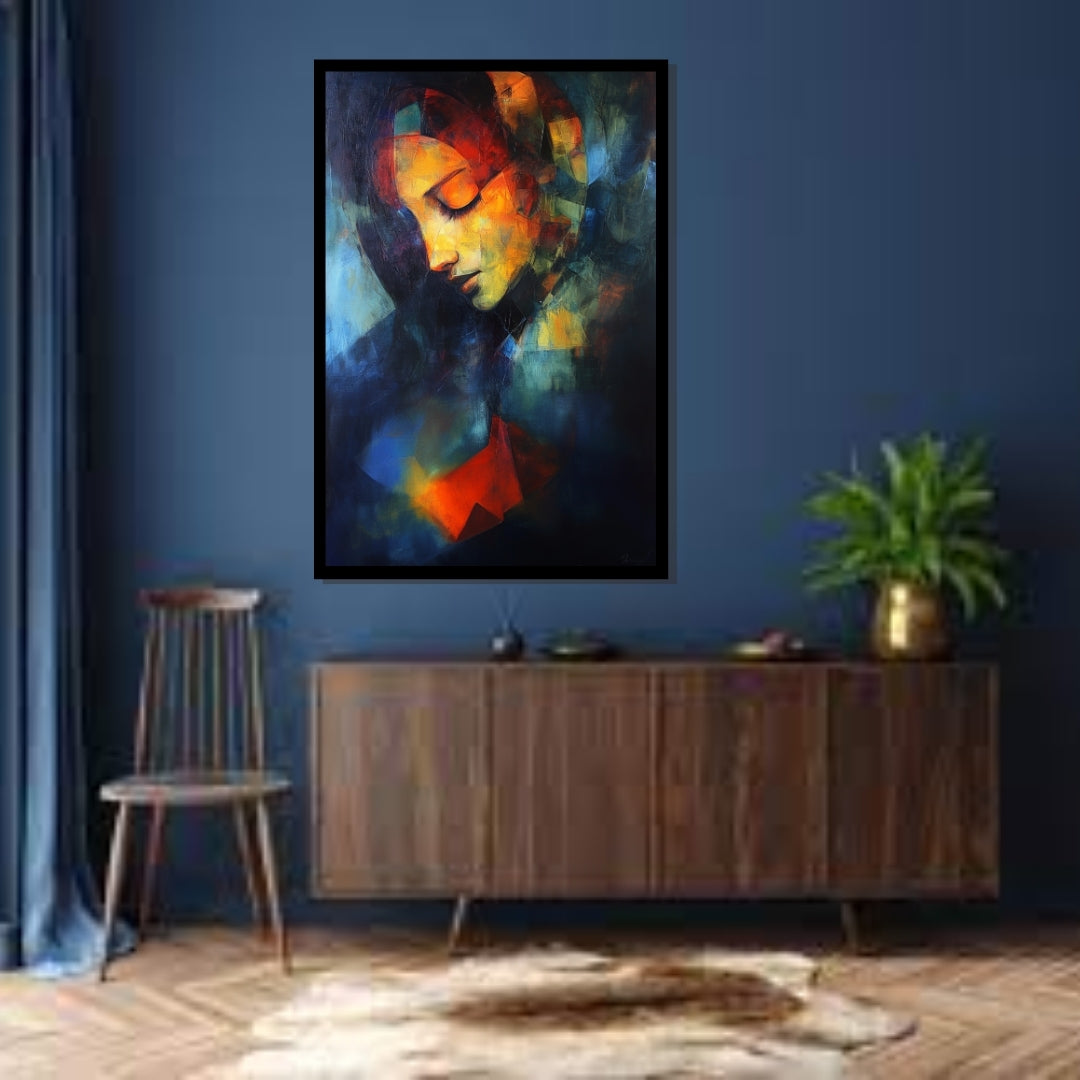 Beholder’s Bastion – abstract expressionist painting of a woman's face in vivid red, yellow, and deep blue hues, available on ArtixHub