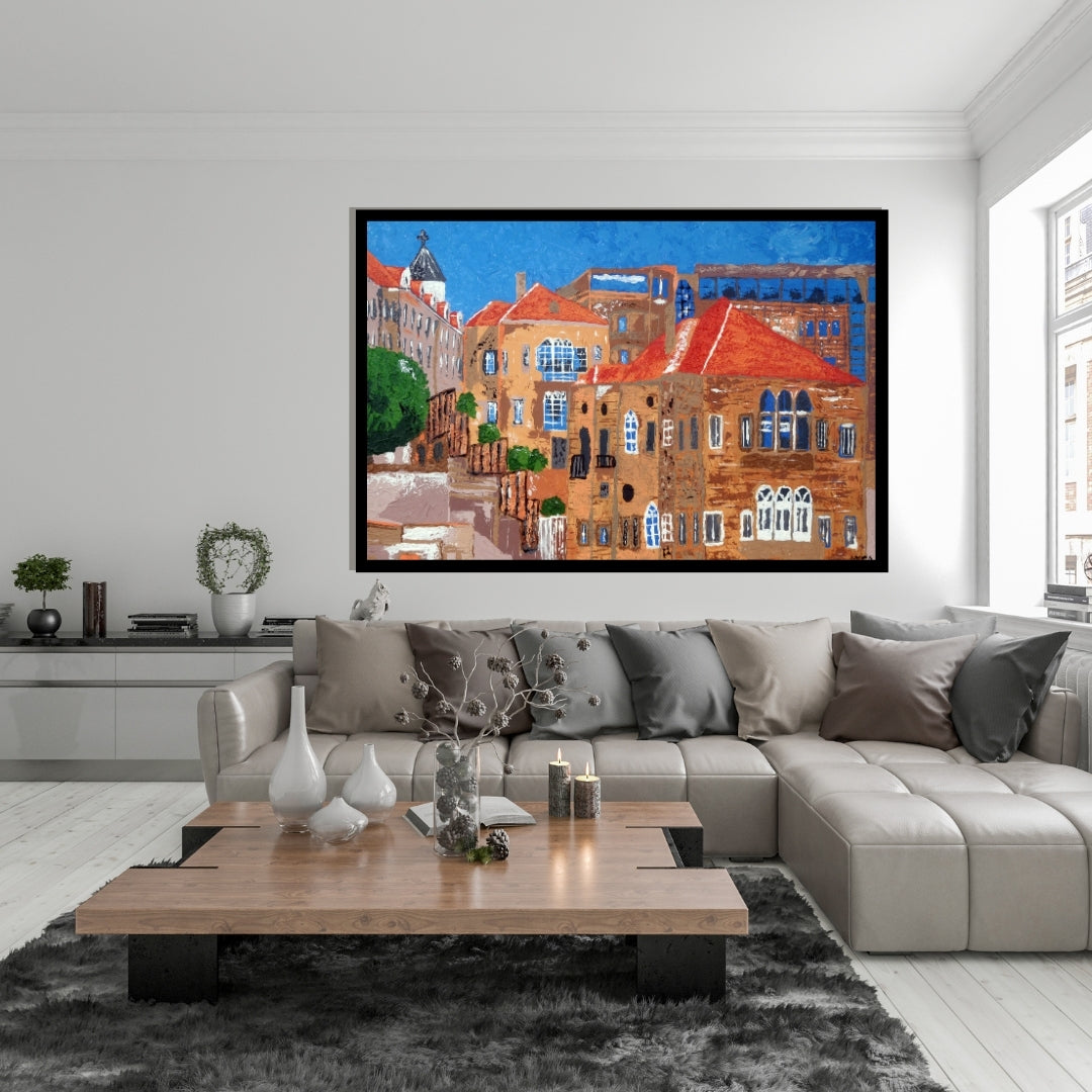 Painting of a cityscape with buildings and blue sky. Beirut – Lebanese cityscape painting of traditional architecture with red rooftops by Mira Ayyash