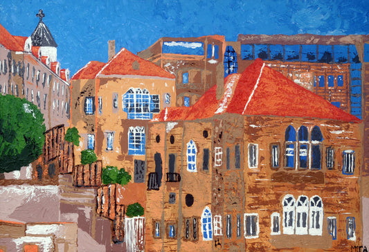 Painting of a cityscape with buildings and blue sky. Beirut – Lebanese cityscape painting of traditional architecture with red rooftops by Mira Ayyash