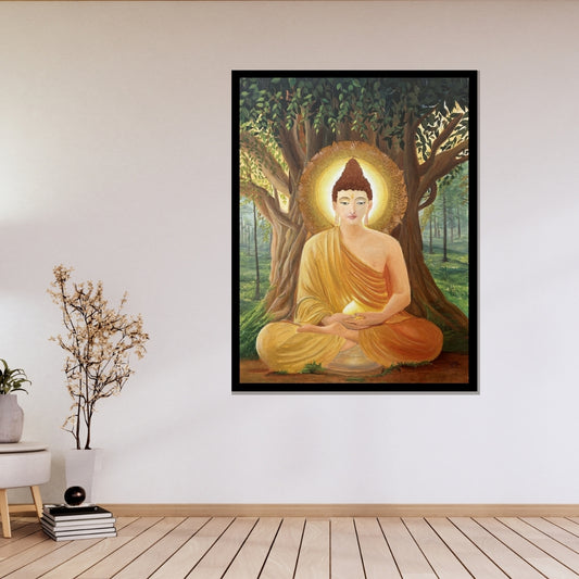 Painting of Buddha under a bodhi tree with a serene expression. Beneath Stillness – Buddha meditation painting beneath a tree with golden light by Hitika Puri