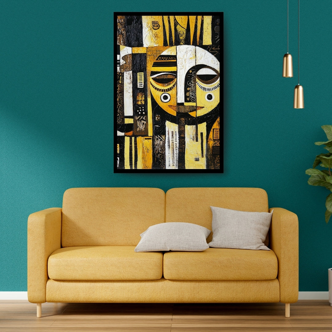 Between Realms – African abstract figurative painting in black, white, and golden yellow by artist Amina Diallo