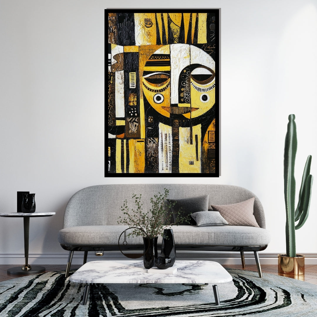 Between Realms – African abstract figurative painting in black, white, and golden yellow by artist Amina Diallo