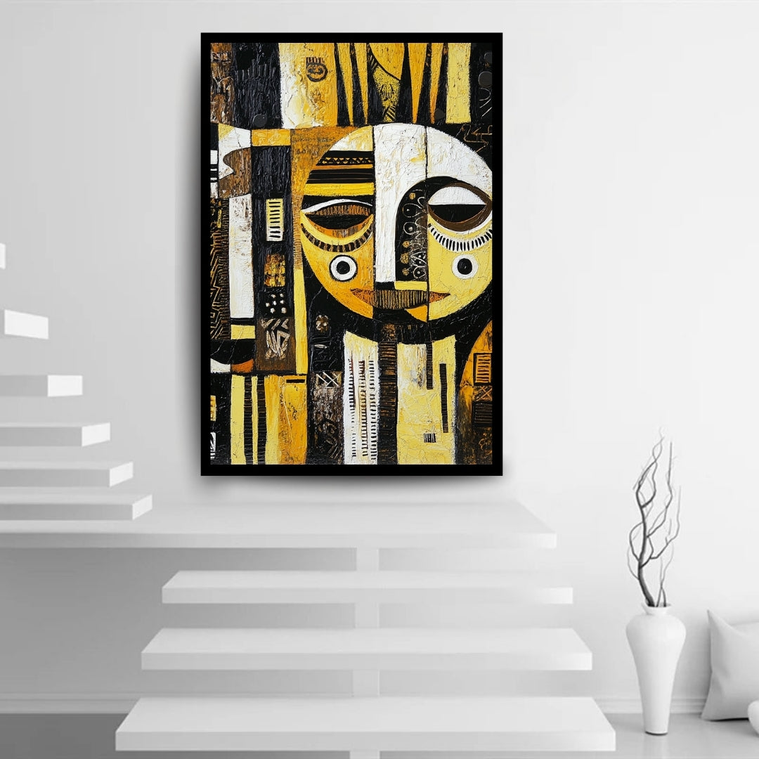 Between Realms – African abstract figurative painting in black, white, and golden yellow by artist Amina Diallo