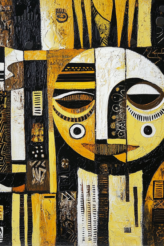 Abstract artwork with geometric shapes and patterns in black, white, and yellow. Between Realms – African abstract figurative painting in black, white, and golden yellow by artist Amina Diallo