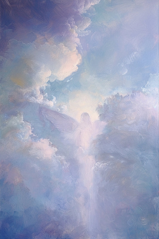 Beyond the Astral Tide – surreal painting of angelic figure emerging through dreamy pastel clouds and glowing light, available on ArtixHub