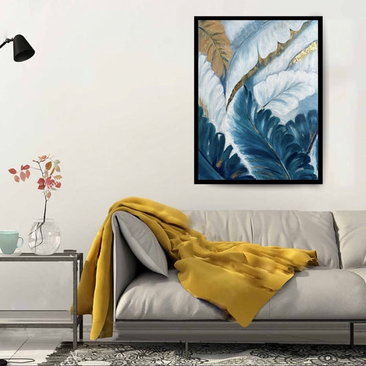 Blue Canopy of Dreams, abstract botanical painting with blue and gold leaves by Hitika Puri