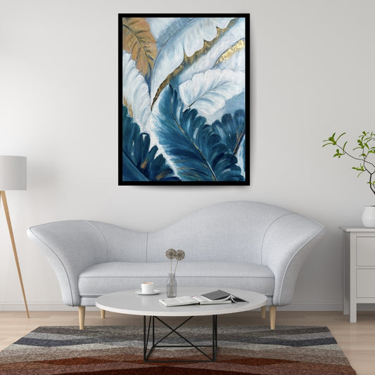 Blue Canopy of Dreams – abstract botanical painting with blue and gold leaves by Hitika Puri