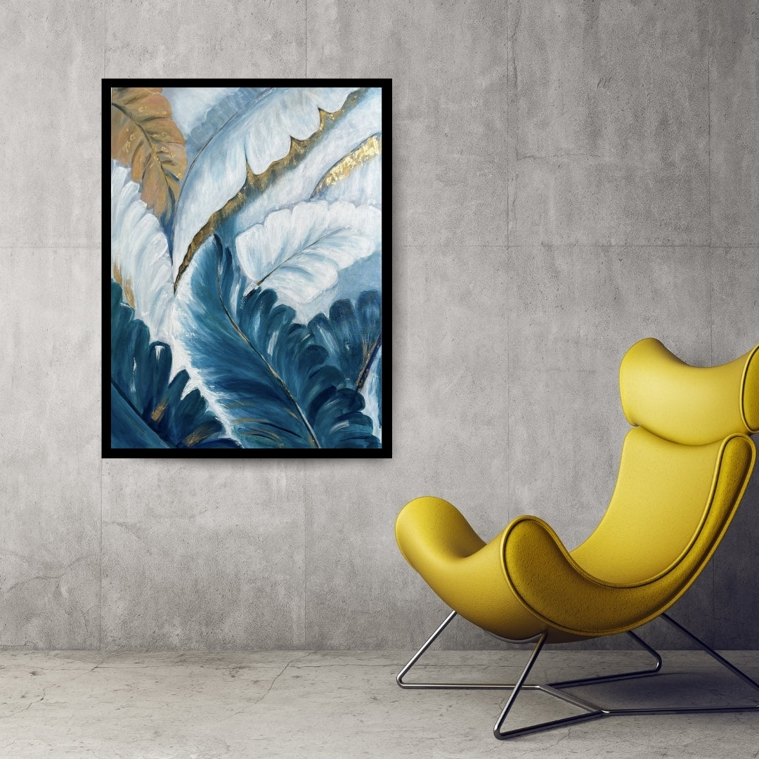 Original hand-painted artwork by Hitika Puri - Artistic depiction of leaves with gold accents on a blue and white background