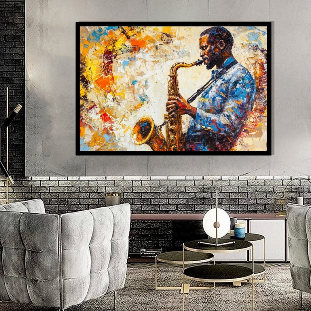 Abstract painting of a person playing a saxophone with vibrant colors. Blues in Gold – Expressionist jazz saxophone painting with golden tones by Amina Diallo
