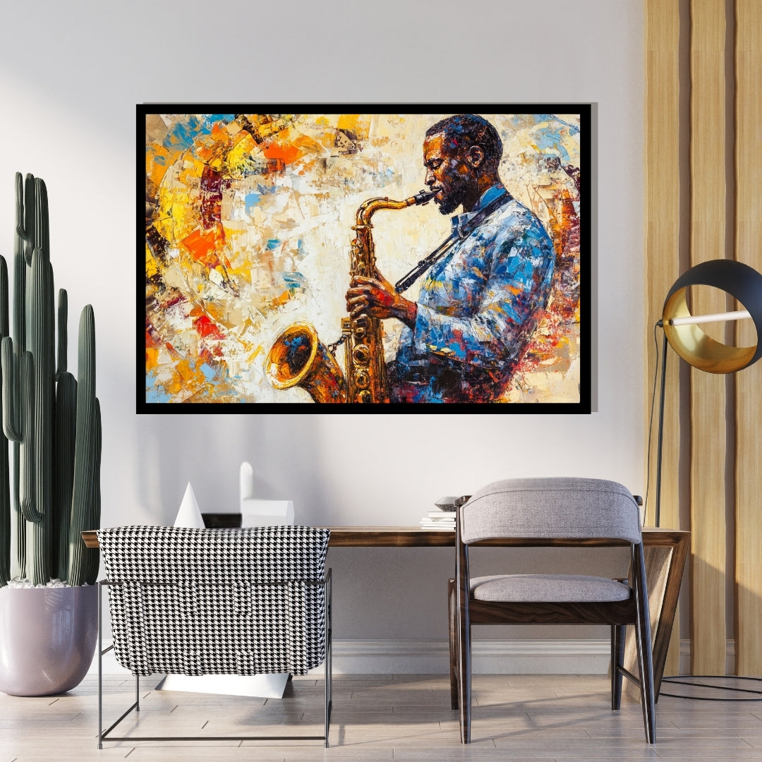 Abstract painting of a person playing a saxophone with vibrant colors. Blues in Gold – Expressionist jazz saxophone painting with golden tones by Amina Diallo
