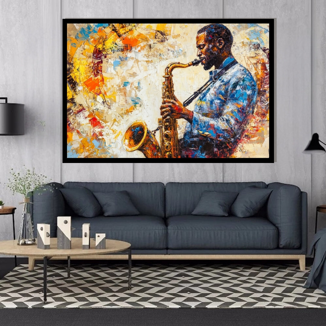 Abstract painting of a person playing a saxophone with vibrant colors. Blues in Gold – Expressionist jazz saxophone painting with golden tones by Amina Diallo