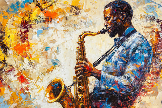 Abstract painting of a person playing a saxophone with vibrant colors. Blues in Gold – Expressionist jazz saxophone painting with golden tones by Amina Diallo