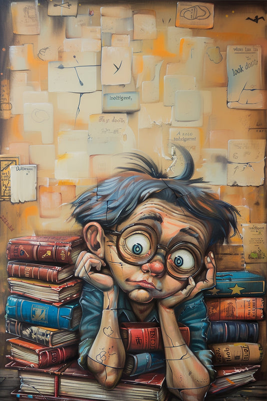 Bookish Reflections – playful painting of a wide-eyed boy with glasses, leaning on books with floating text pages, pop art style from ArtixHub