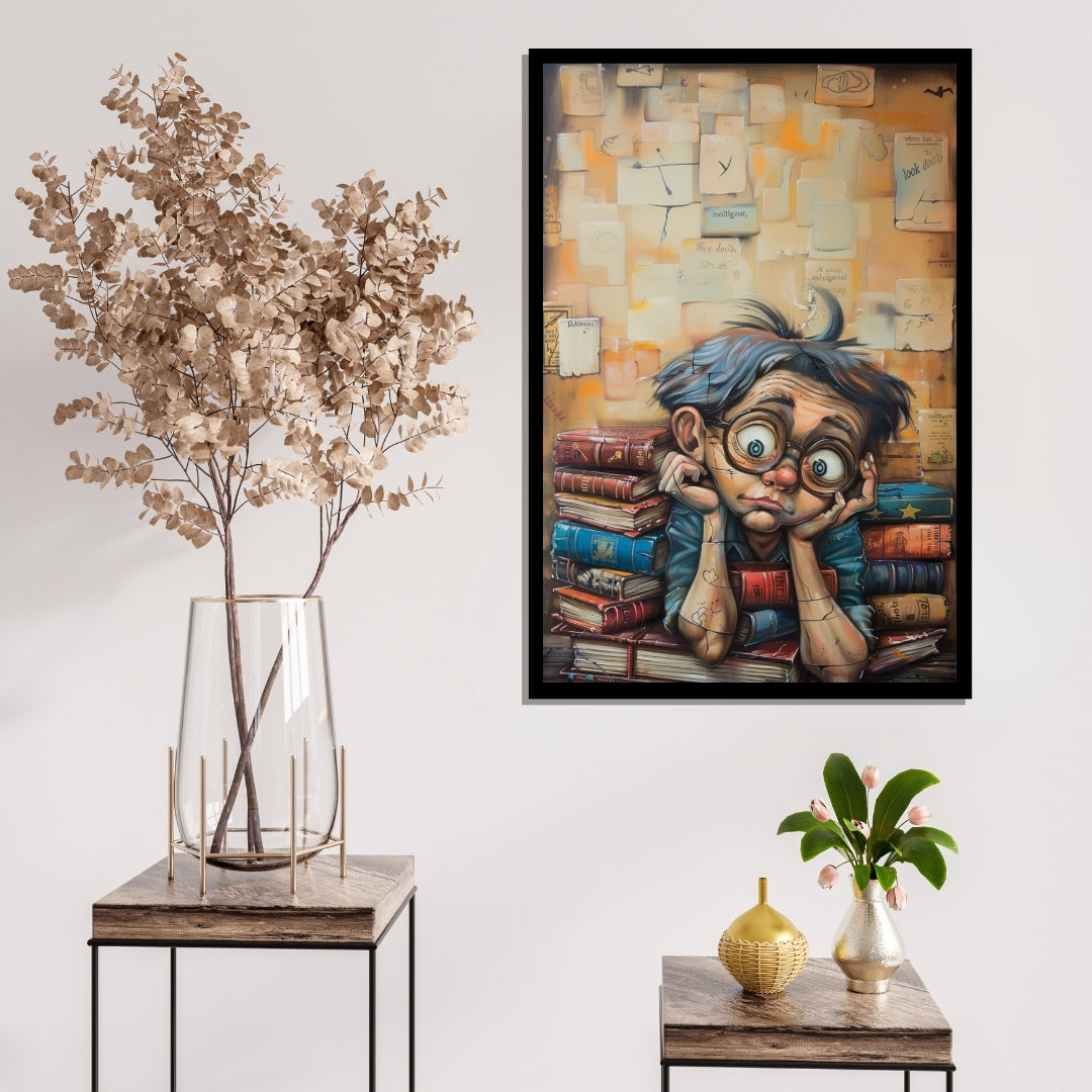 Bookish Reflections – playful painting of a wide-eyed boy with glasses, leaning on books with floating text pages, pop art style from ArtixHub