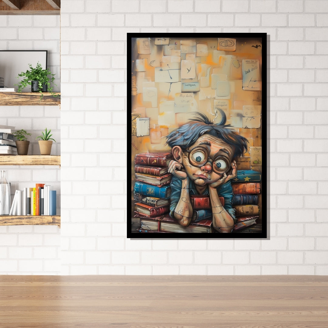 Bookish Reflections – playful painting of a wide-eyed boy with glasses, leaning on books with floating text pages, pop art style from ArtixHub