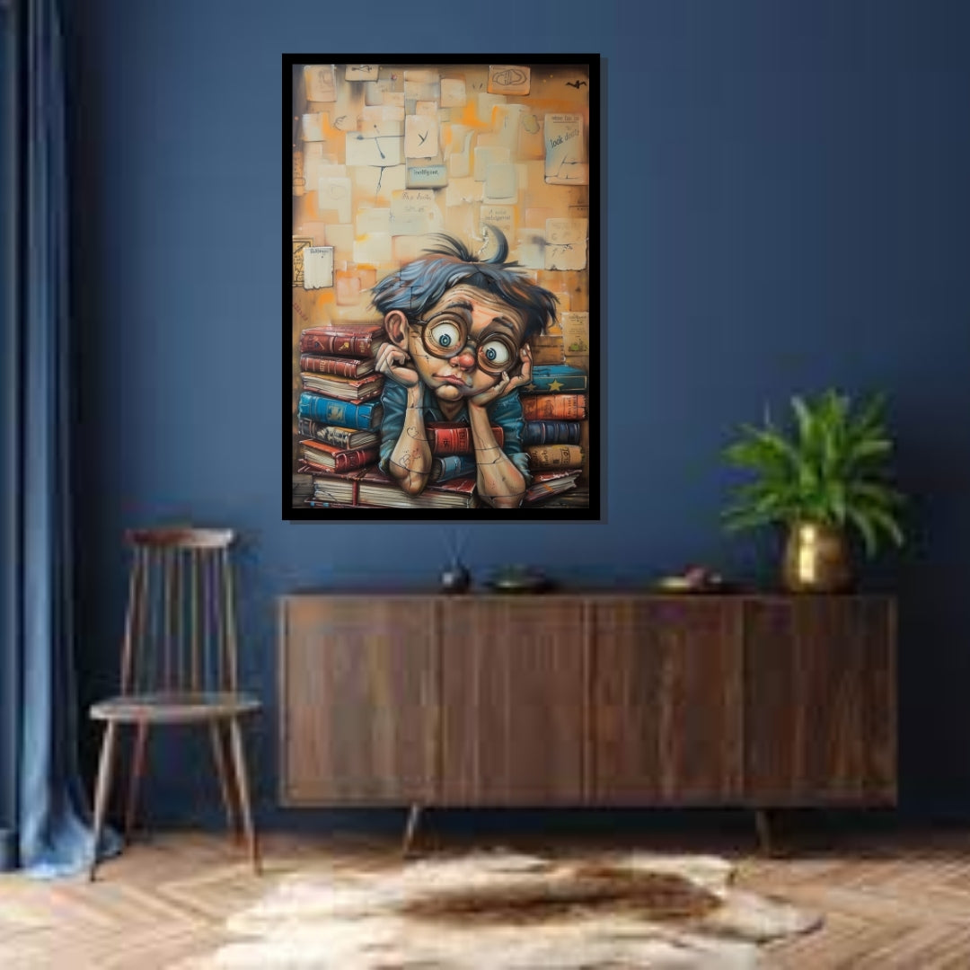 Bookish Reflections – playful painting of a wide-eyed boy with glasses, leaning on books with floating text pages, pop art style from ArtixHub