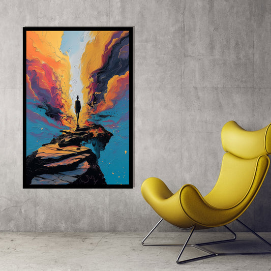 Breakthrough, abstract surreal painting of a solitary figure standing at the edge of a path