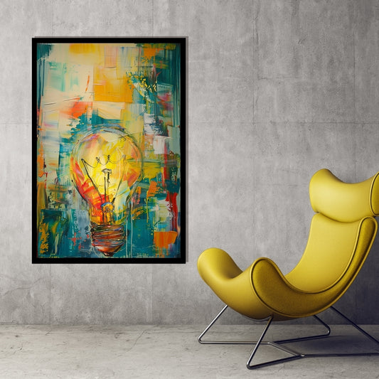 Burst of Creation – abstract painting of a lightbulb on a colorful pop art background with dripping textures and vibrant energy, available on ArtixHub