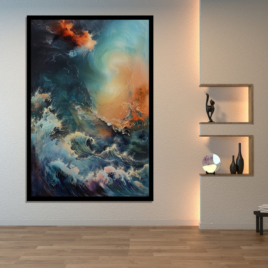 Celestial Currents, surreal abstract painting of swirling ocean waves merging with galactic sky