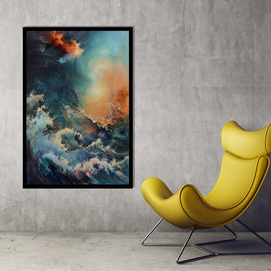 Celestial Currents – surreal abstract painting of swirling ocean waves merging with galactic sky and cosmic light, available on ArtixHub