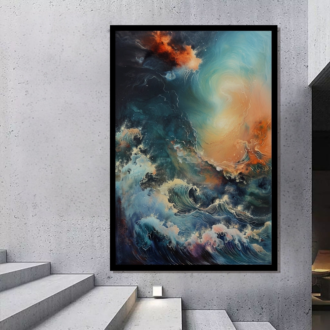 Celestial Currents – surreal abstract painting of swirling ocean waves merging with galactic sky and cosmic light, available on ArtixHub