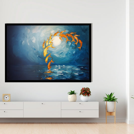 Celestial Swirl, surreal abstract painting of golden fish swirling toward the moon over blue ocean