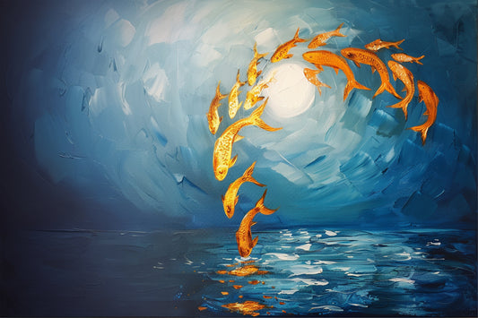 Celestial Swirl – surreal abstract painting of golden fish swirling toward the moon over blue ocean water, available on ArtixHub