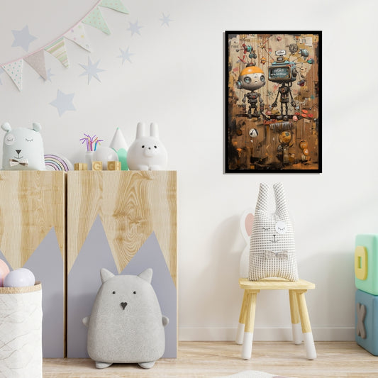 Chronicles of a Curious Bot – surreal pop art painting of quirky robots exploring a cluttered space, featuring vintage tech, playful expressions, and mechanical parts - ArtixHub