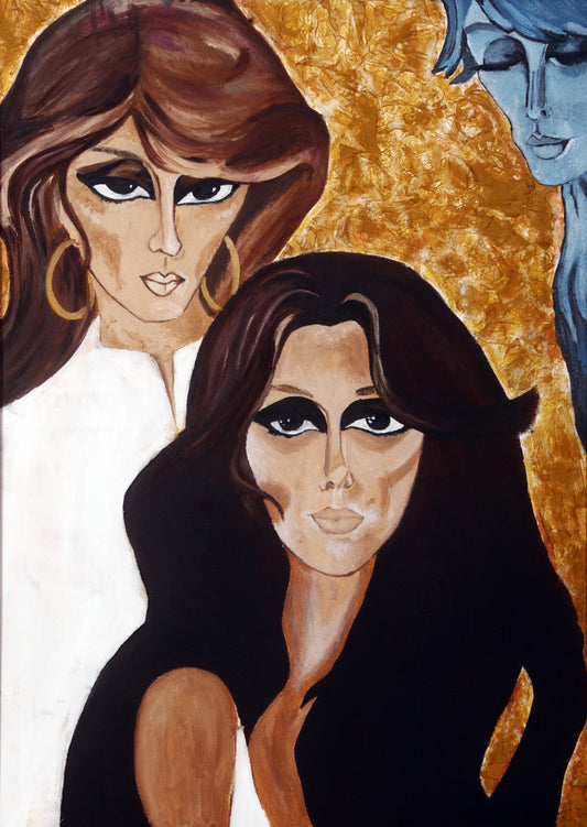 Illustration of two women with stylized hair and makeup against a gold background. Cici Tommaseo’s Fairuz – stylized figurative portrait of Lebanese singer Fairuz in vintage tones with textured gold backdrop by Mira Ayyash.