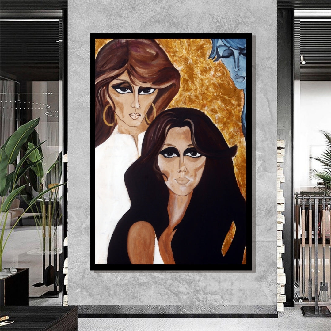 Illustration of two women with stylized hair and makeup against a gold background. Cici Tommaseo’s Fairuz – stylized figurative portrait of Lebanese singer Fairuz in vintage tones with textured gold backdrop by Mira Ayyash.