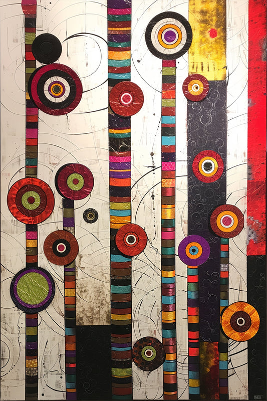 Circle Symphony – abstract painting with vertical striped bars and multicolored circular shapes on white background, available at ArtixHub