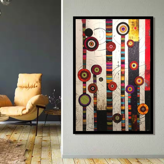 Circle Symphony, abstract painting with vertical striped bars and multicolored circular shapes