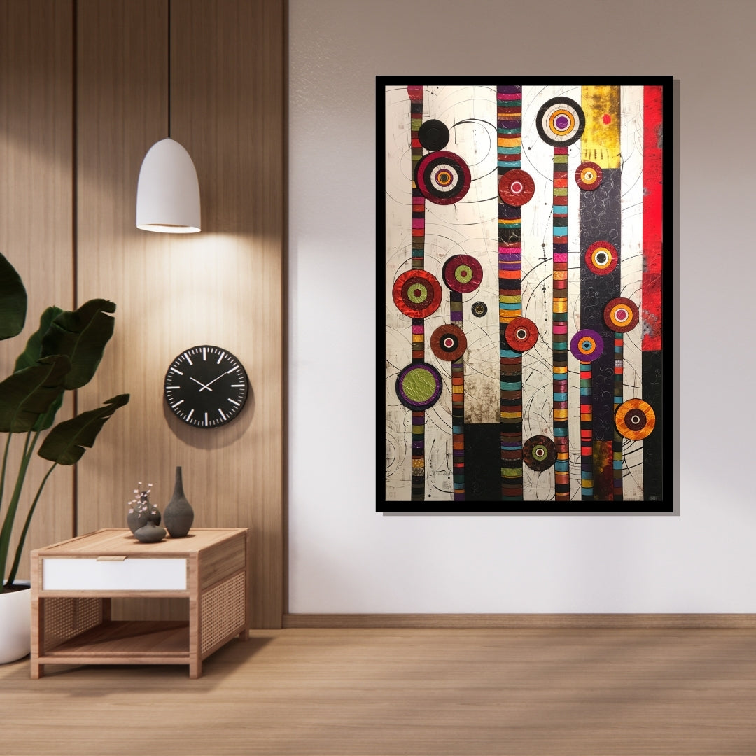 Circle Symphony – abstract painting with vertical striped bars and multicolored circular shapes on white background, available at ArtixHub