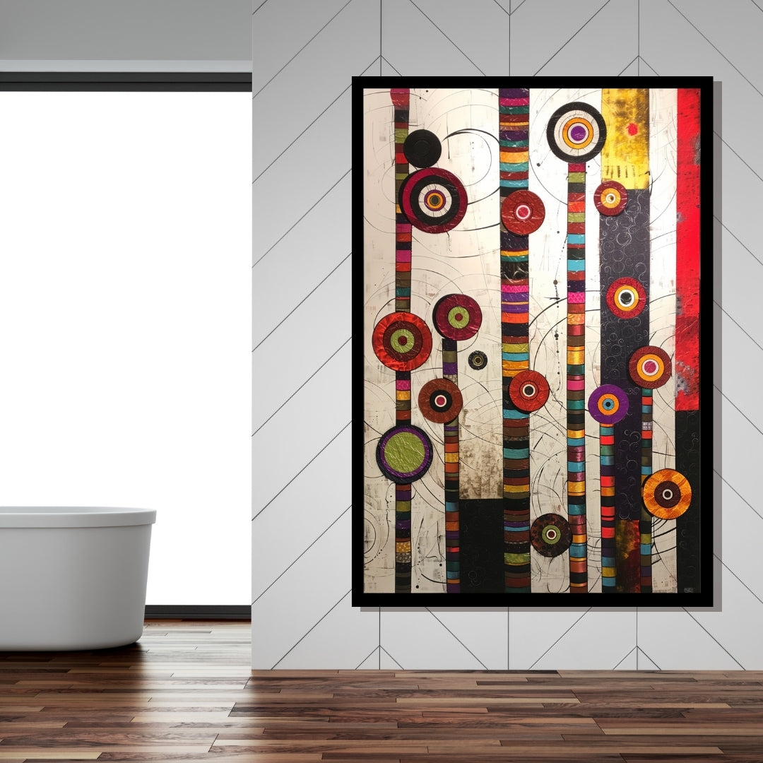 Circle Symphony – abstract painting with vertical striped bars and multicolored circular shapes on white background, available at ArtixHub