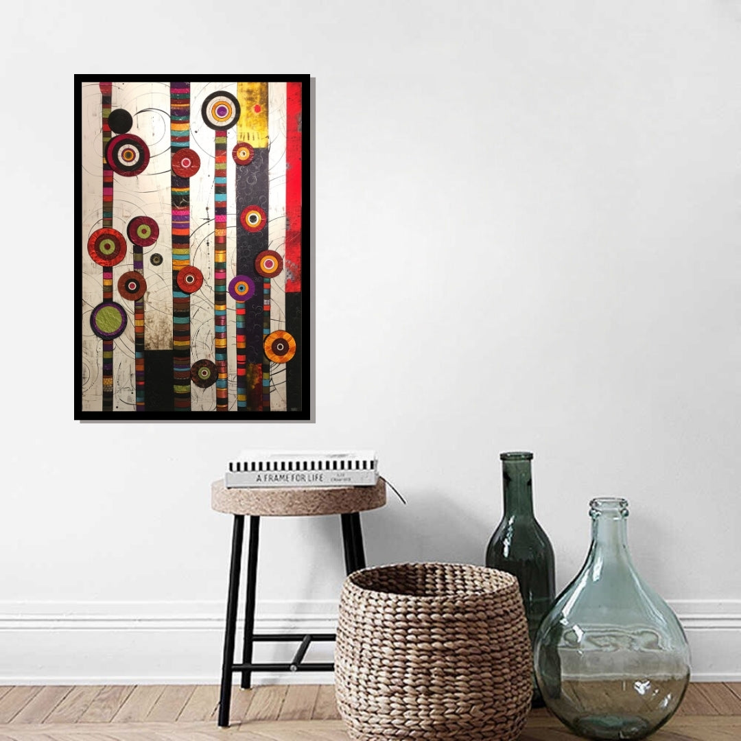Circle Symphony – abstract painting with vertical striped bars and multicolored circular shapes on white background, available at ArtixHub