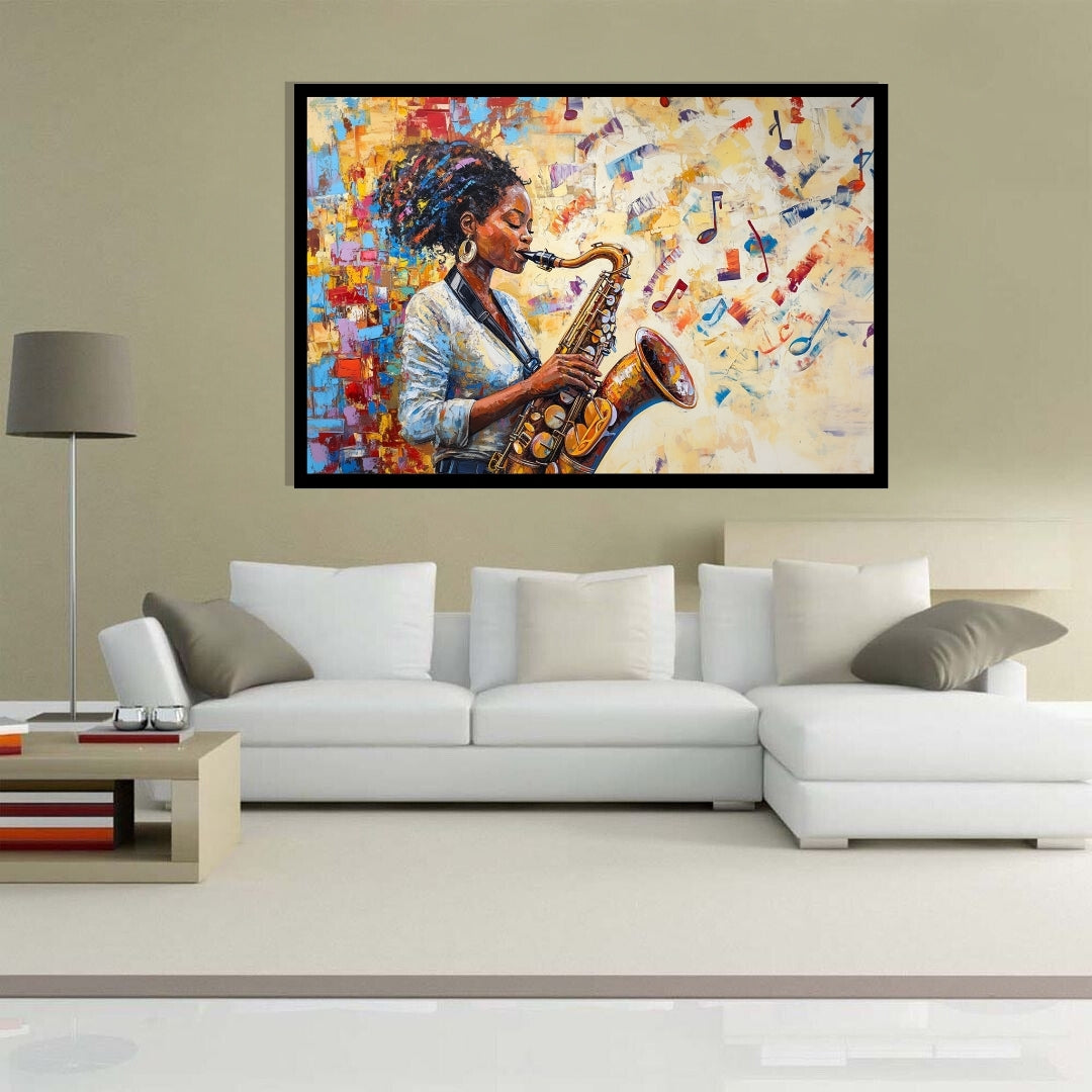 Colorful artwork of a person playing a saxophone with musical notes in the background. Color Me Jazz – Expressionist saxophone painting of a woman with vibrant notes by Amina Diallo