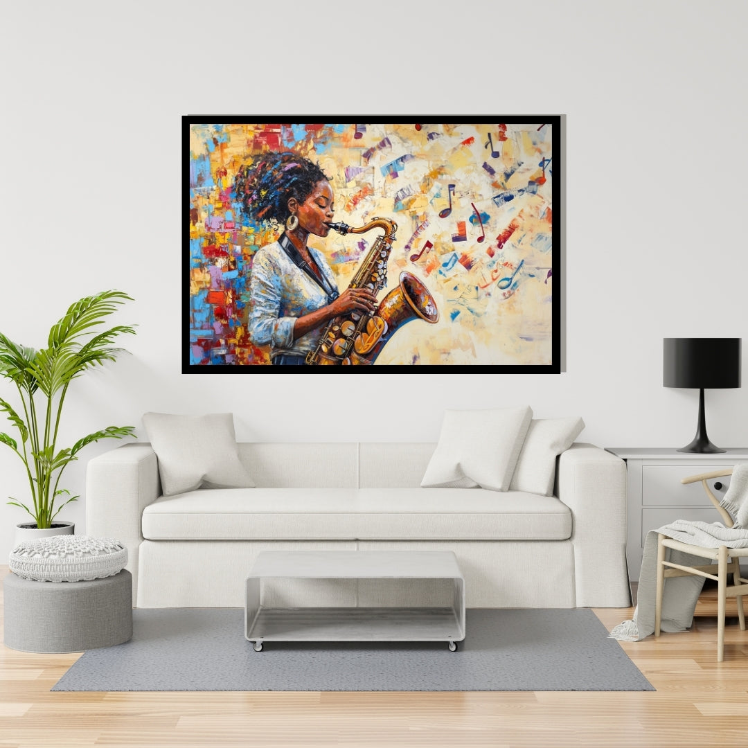 Colorful artwork of a person playing a saxophone with musical notes in the background. Color Me Jazz – Expressionist saxophone painting of a woman with vibrant notes by Amina Diallo