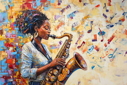 Colorful artwork of a person playing a saxophone with musical notes in the background. Color Me Jazz – Expressionist saxophone painting of a woman with vibrant notes by Amina Diallo