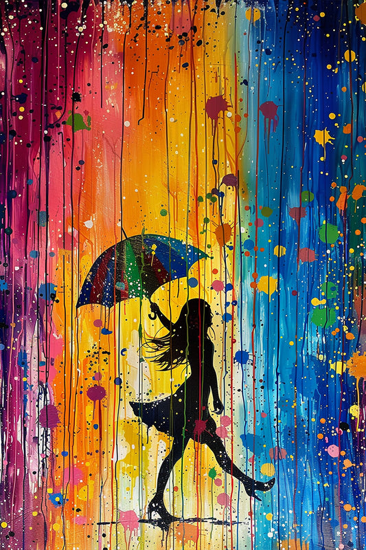 Colorfall – pop art painting of a girl holding an umbrella walking through colorful dripping rain, available on ArtixHub
