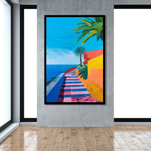 Colorful Climb – vibrant painting of tropical stairs leading to the sea with palm trees and bright architectural walls, available on ArtixHub