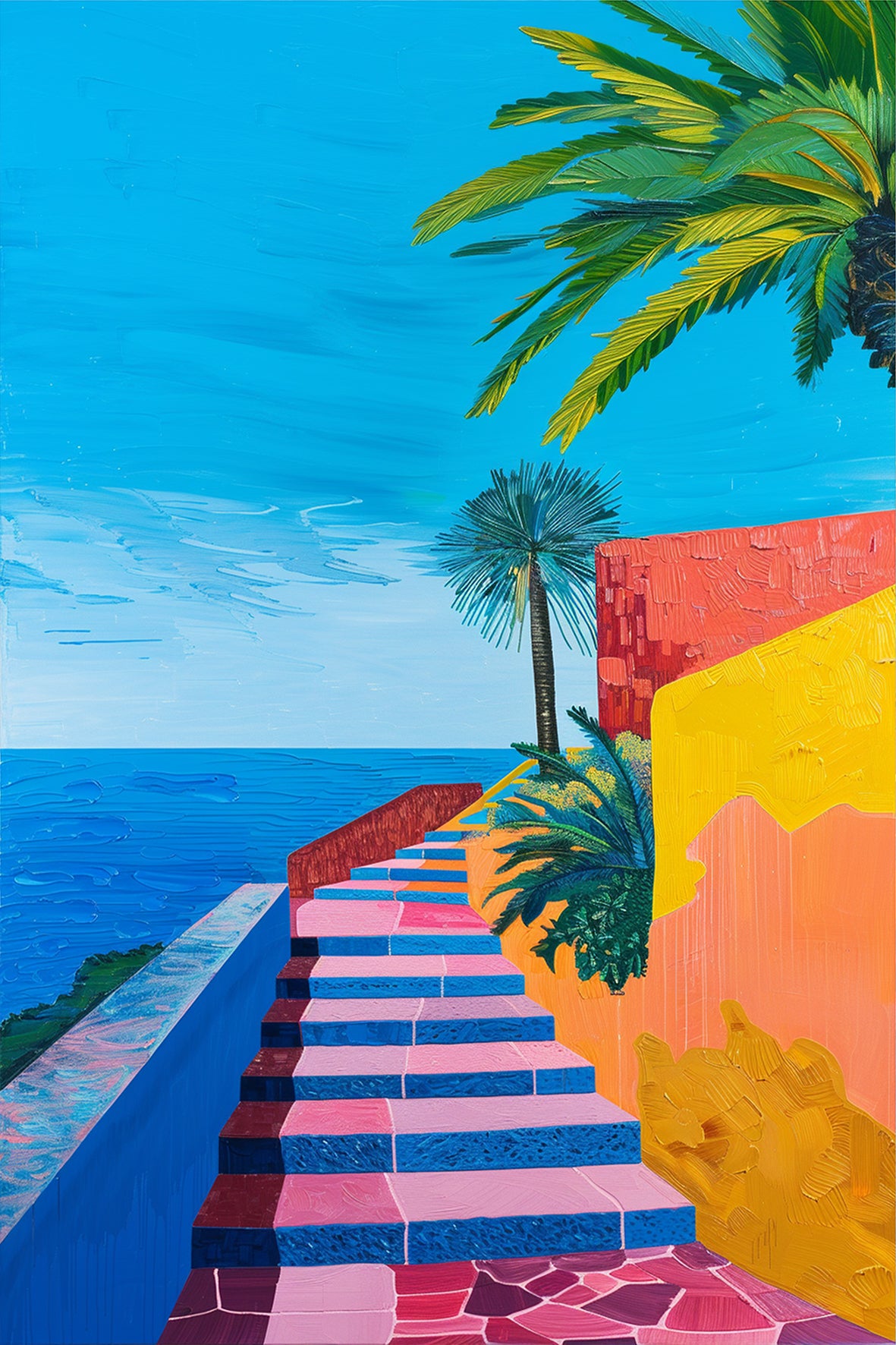 Colorful Climb – vibrant painting of tropical stairs leading to the sea with palm trees and bright architectural walls, available on ArtixHub