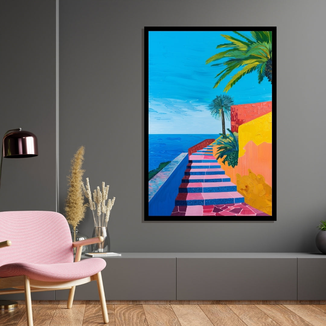 Colorful Climb – vibrant painting of tropical stairs leading to the sea with palm trees and bright architectural walls, available on ArtixHub