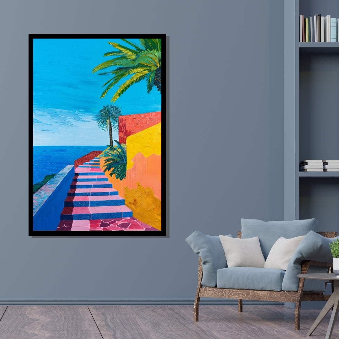 Colorful Climb – vibrant painting of tropical stairs leading to the sea with palm trees and bright architectural walls, available on ArtixHub