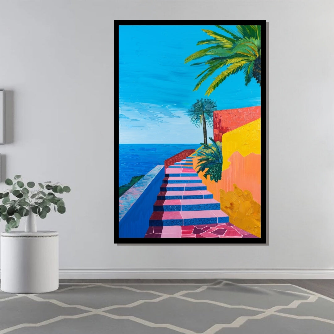 Colorful Climb – vibrant painting of tropical stairs leading to the sea with palm trees and bright architectural walls, available on ArtixHub