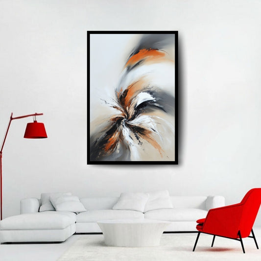 Combustion Drift, abstract painting of dynamic swirling strokes in black, orange, and white tones
