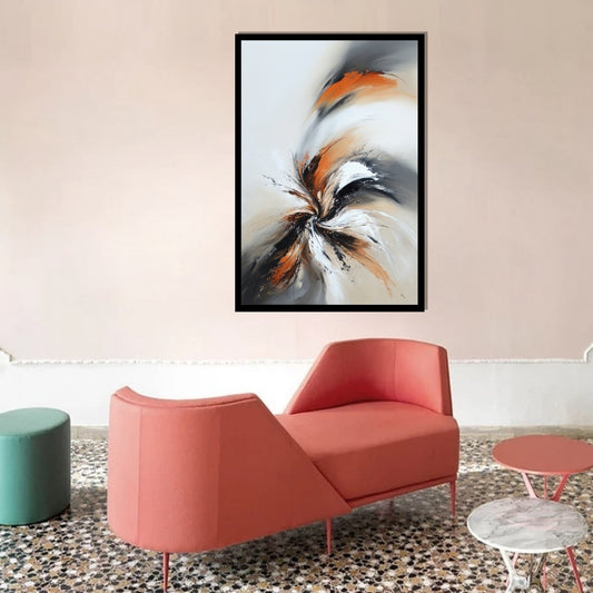 Combustion Drift – abstract painting of dynamic swirling strokes in black, orange, and white tones, available on ArtixHub