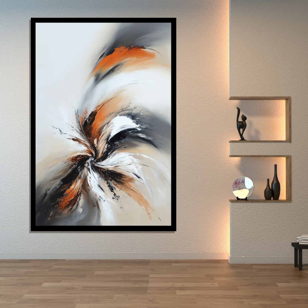 Combustion Drift – abstract painting of dynamic swirling strokes in black, orange, and white tones, available on ArtixHub
